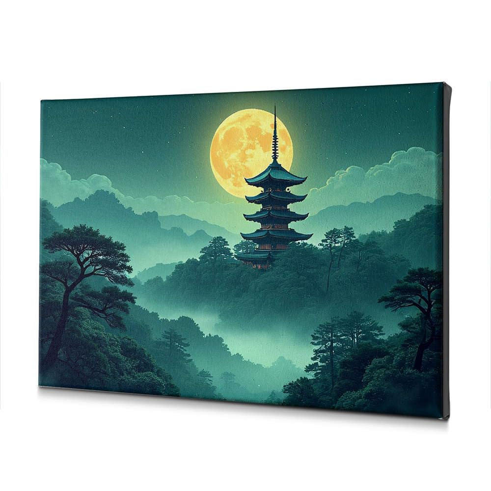 Toile décorative pagode WTD 40x60cm, tableau rustique de forêt mystique haut de gamme