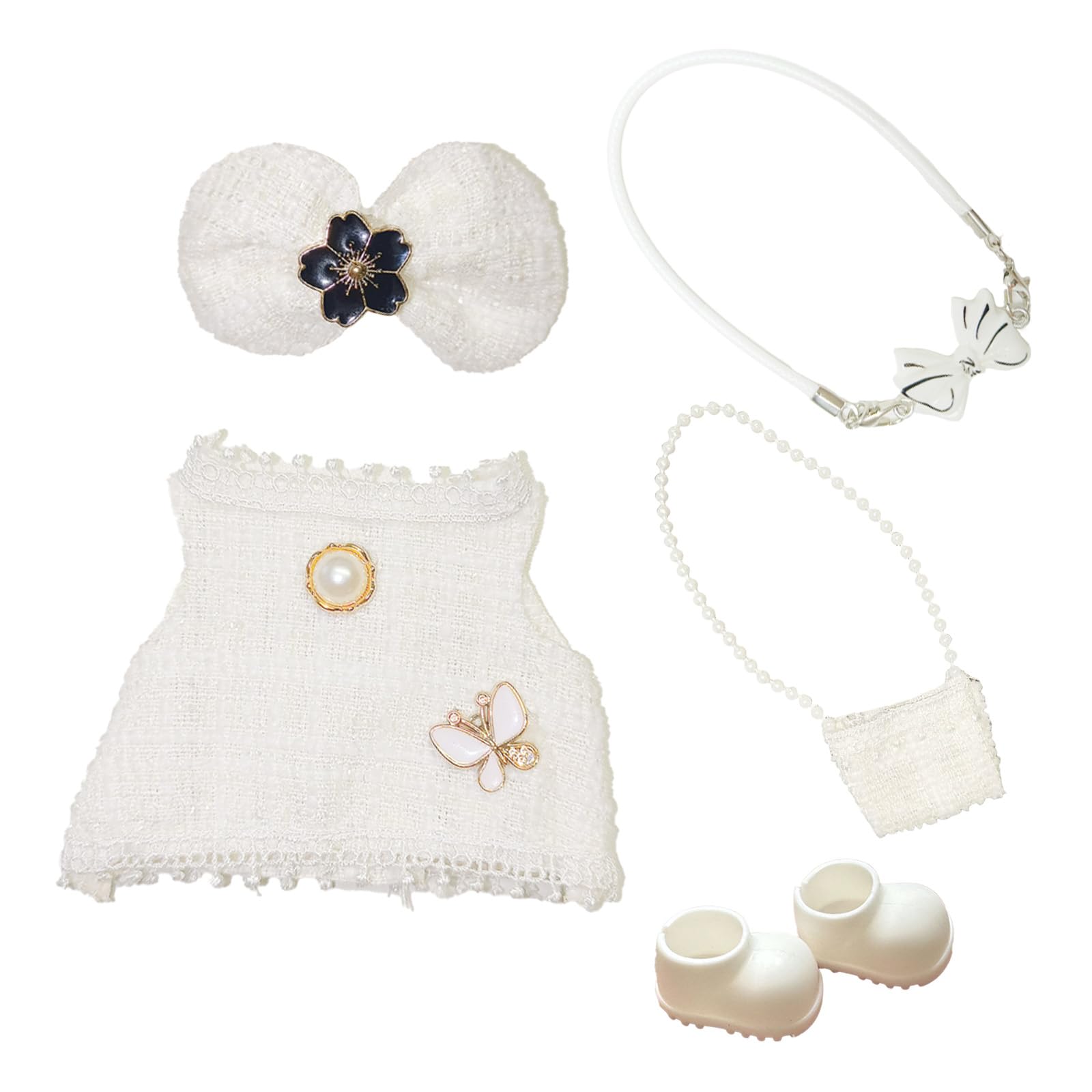 17cm Puppenkleidung, Klassische Plüsch PuppenKleidung für 17cm Puppen 1 Klassischen Weißen Quastenkleid+1 Haarnadel mit Schleife+1 Beutel+1 Hänger für Mädchen Geburtstagsgeschenk Keine Puppe (Weiß)