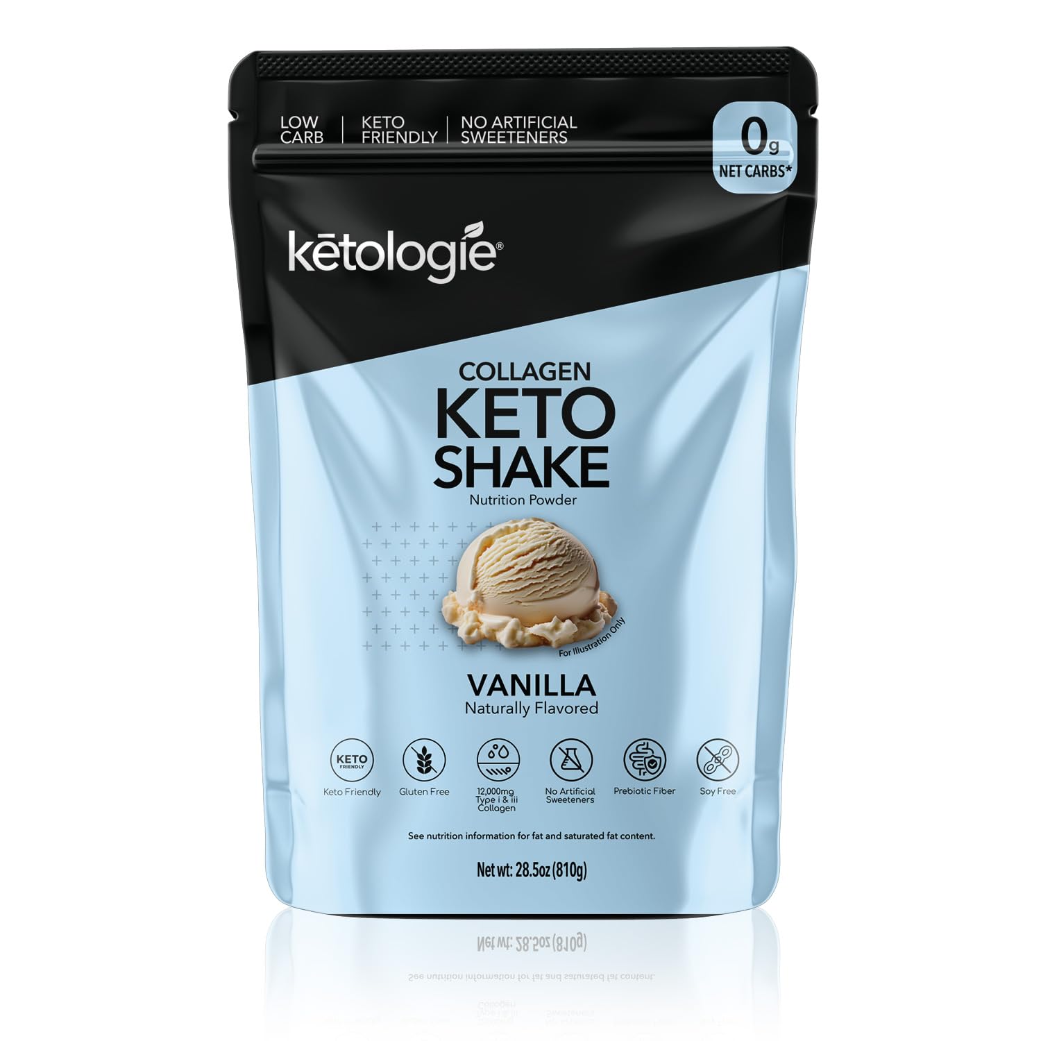 Keto Collagen Shake (Vanilla) - with Coconut Oil, Prebiotics, Grass Fed Hydrolyzed Collagen Peptides Type I & III, Low Carb, Gluten Free,1.78lbs.