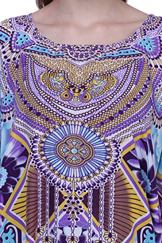 Image of Miss Lavish London Swimwear Cover ups Kaftan Dresses for Women Ethnic Print V Neck, Beach Coverups Plus Size, Side Slit & Pockets on Both Sides, Womens Beach Resort Wear-Purple-3XL