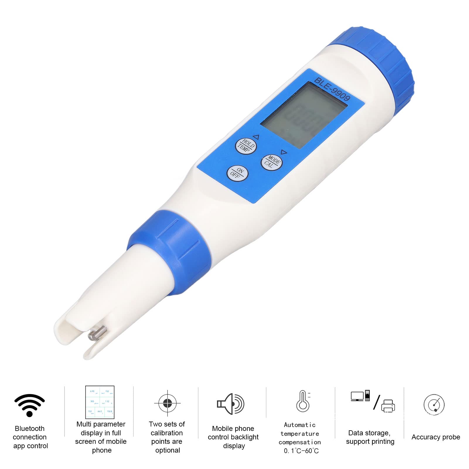 BLE-9909 Miernik Testowy 5 Cali – Tester Temperatury Soli PH EC z kontrolą Aplikacji, automatyczną kompensacją Temperatury i Podświetlanym Wyświetlaczem do Basenów, Akwariów, Hydroponiki