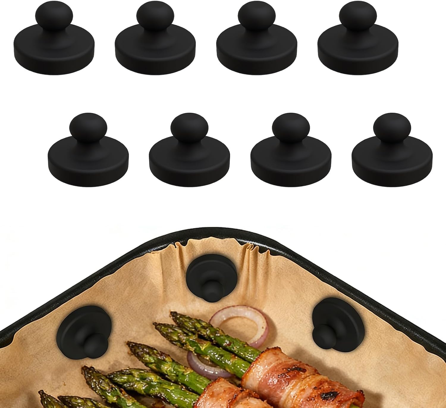 Air Fryer Magnets for Parchment Paper Liners, 8PCS Upgraded Silicone Magnetic Buckles, High Temp Resistant Air Fryer Accessories, Prevent Paper Blowing, Burning & Covering Food (Black)