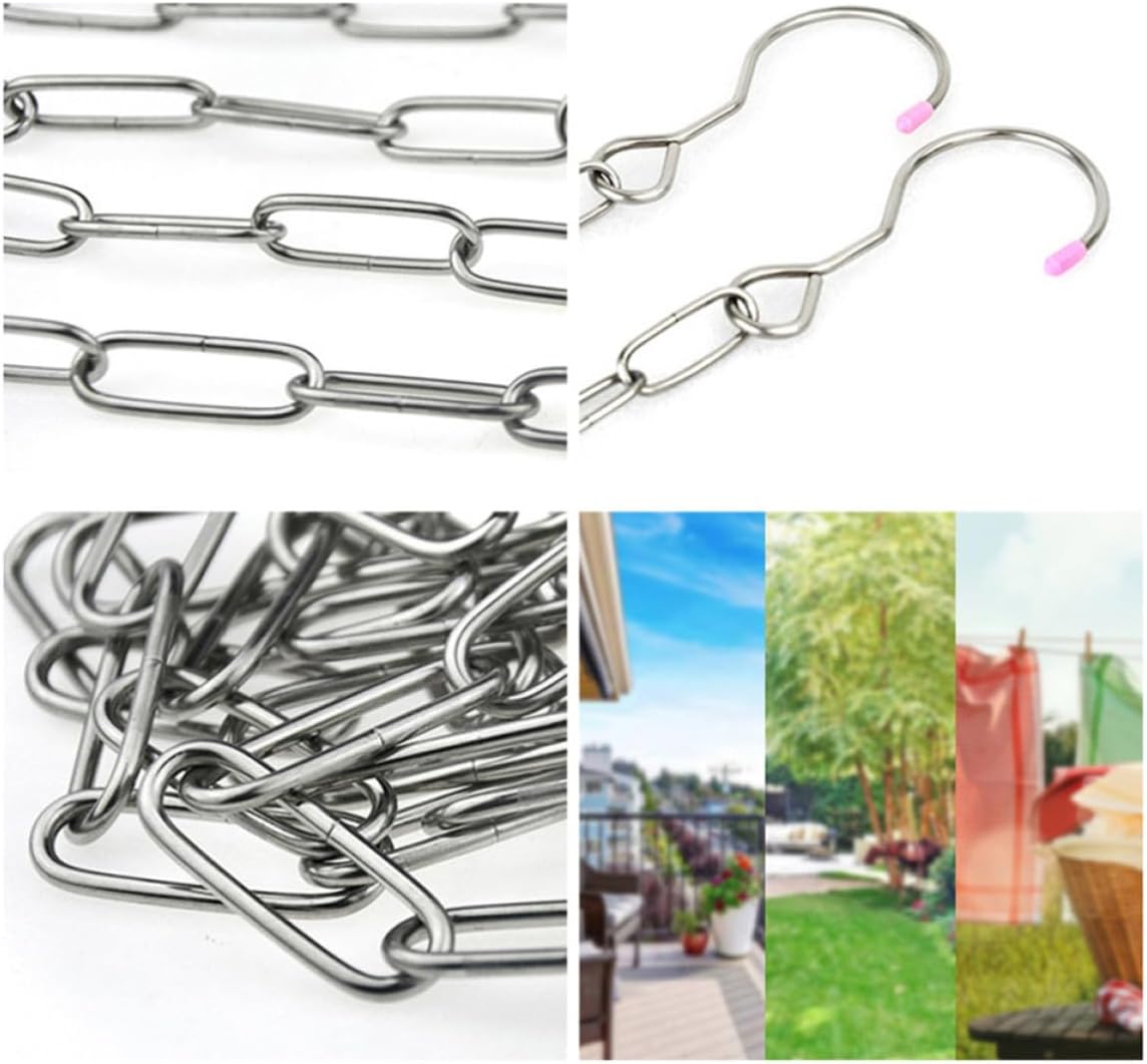 Portable Hanging Clothesline Stainless Steel Clothes Drying Chain with Hooks on Both Ends, 78.74 Inches Long Windproof for Home and Outdoor Activities
