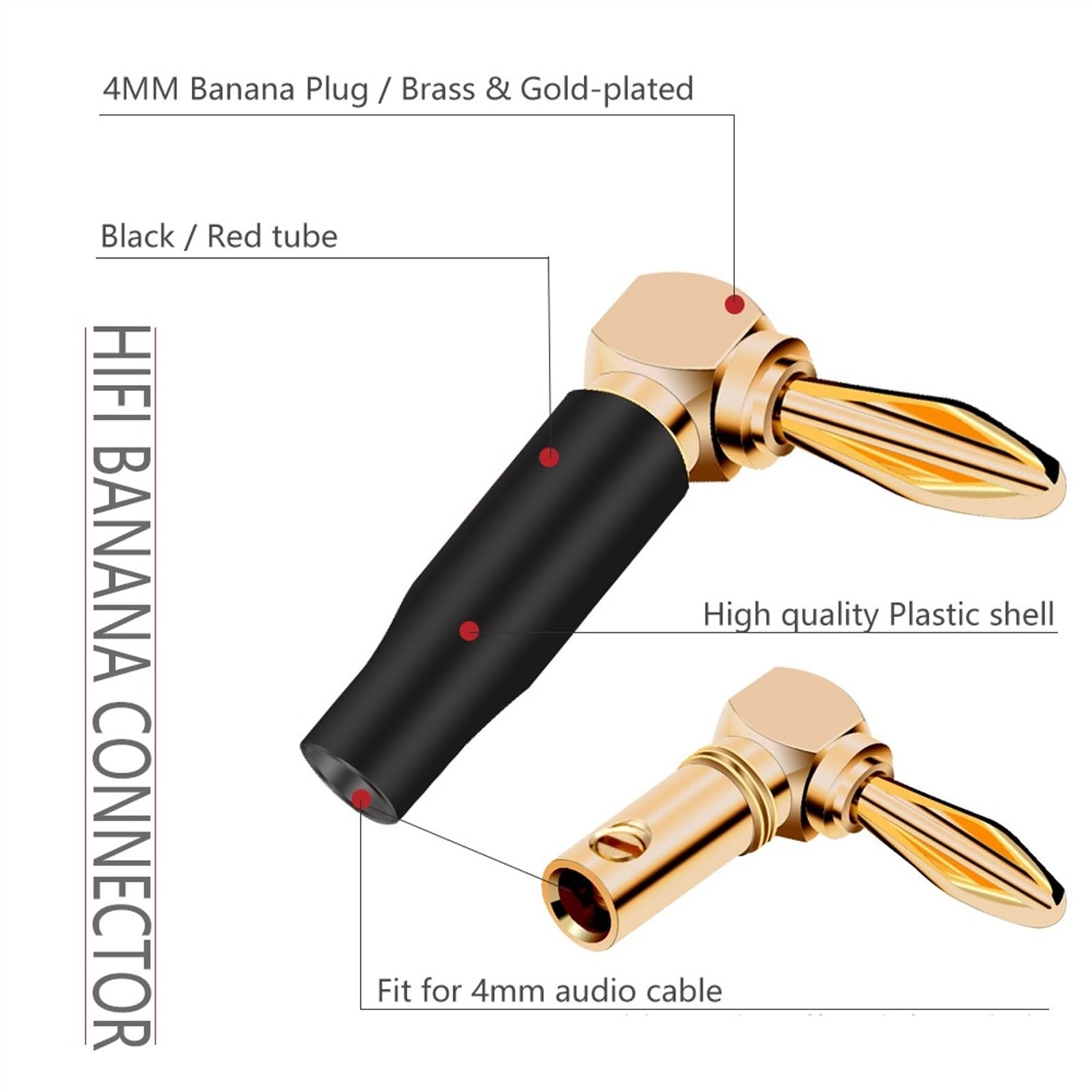Fiche Banane à Angle Droit en Forme de L de 4mm, Coque en Plastique Souple, connecteur Banane à 90 degrés, Rouge et Noir, 20 pièces