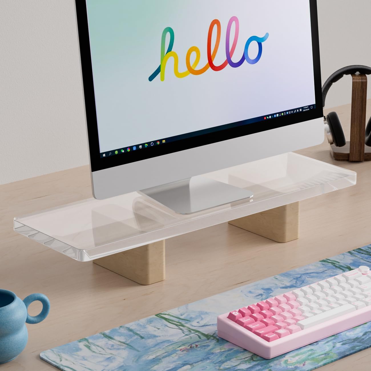 Acrylic Monitor Stand Riser, Premium Large Clear Monitor Riser 19.6 inch, Sturdy Wood Computer Stand Office Desk Accessories, Desk Organizer Riser for Laptop Printer Computer TV