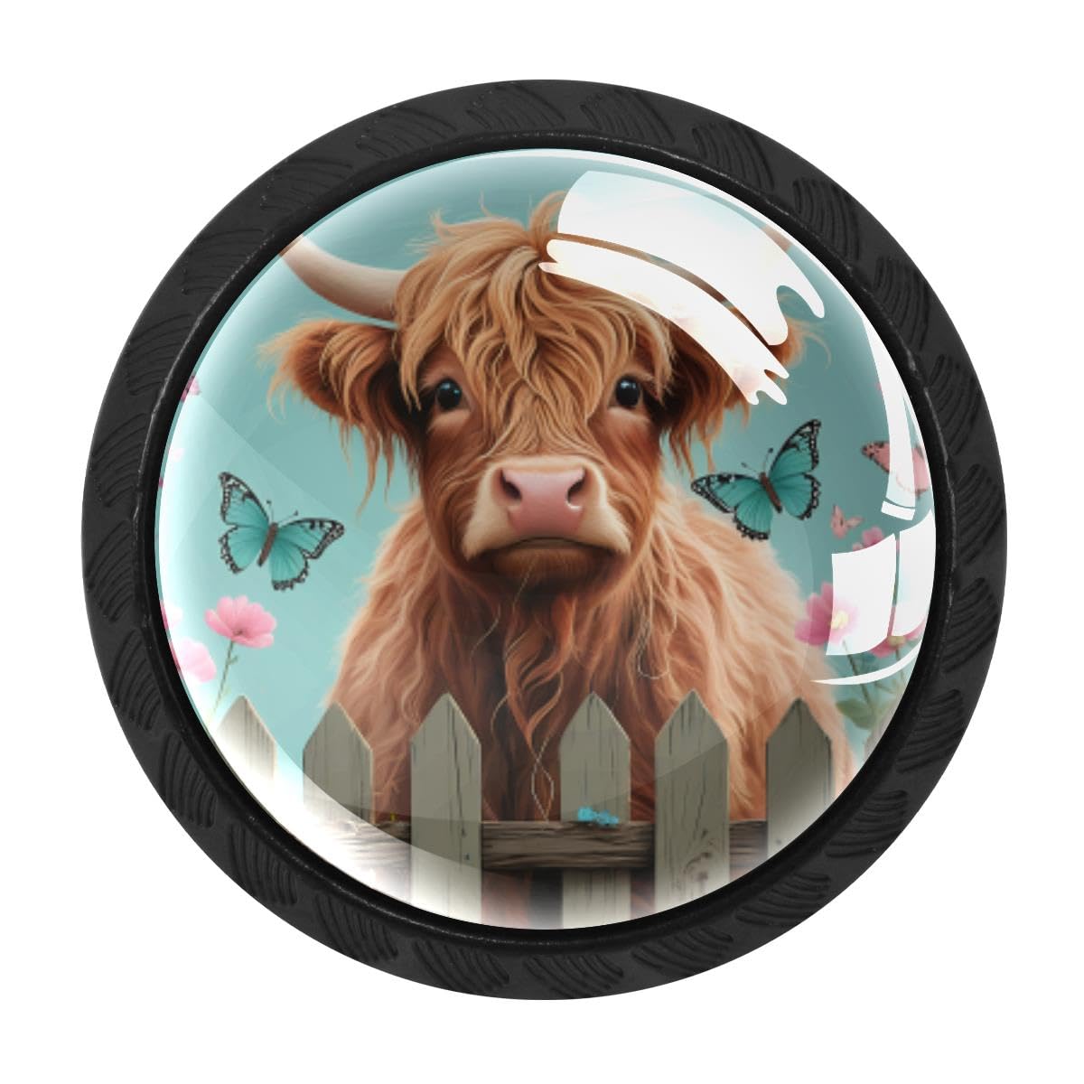 HEOEH 4 PCS Cabinet Knobs, Highland Cow Floral Drawer Knobs Dresser Handles