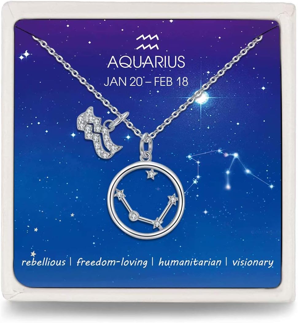 Presentski Zodiac Necklace Sterling Silver 12 Constellation Horoscope Pendant Astrology Star CZ Dainty Necklaces Birthday Jewelry for Women Daughter