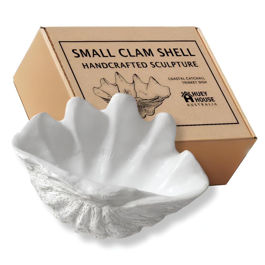 Huey House Small Clam Shell Sculpture - 8.75Lx 5.6Wx 4.33H Handcrafted White Resin Replica - Seashell for Home Decoration