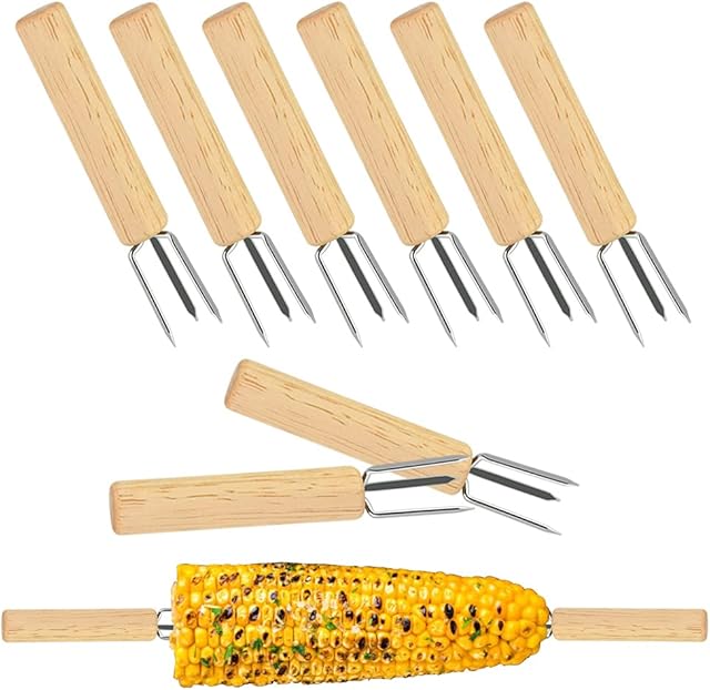 ANTHYTA Corn Holder,Corn Forks Holders,8 Pcs Cob Skewers,Stainless Steel Corn on The Cob Skewers with Wooden Handle for BBQ,Home Cooking,Picnics,Parties and Camping