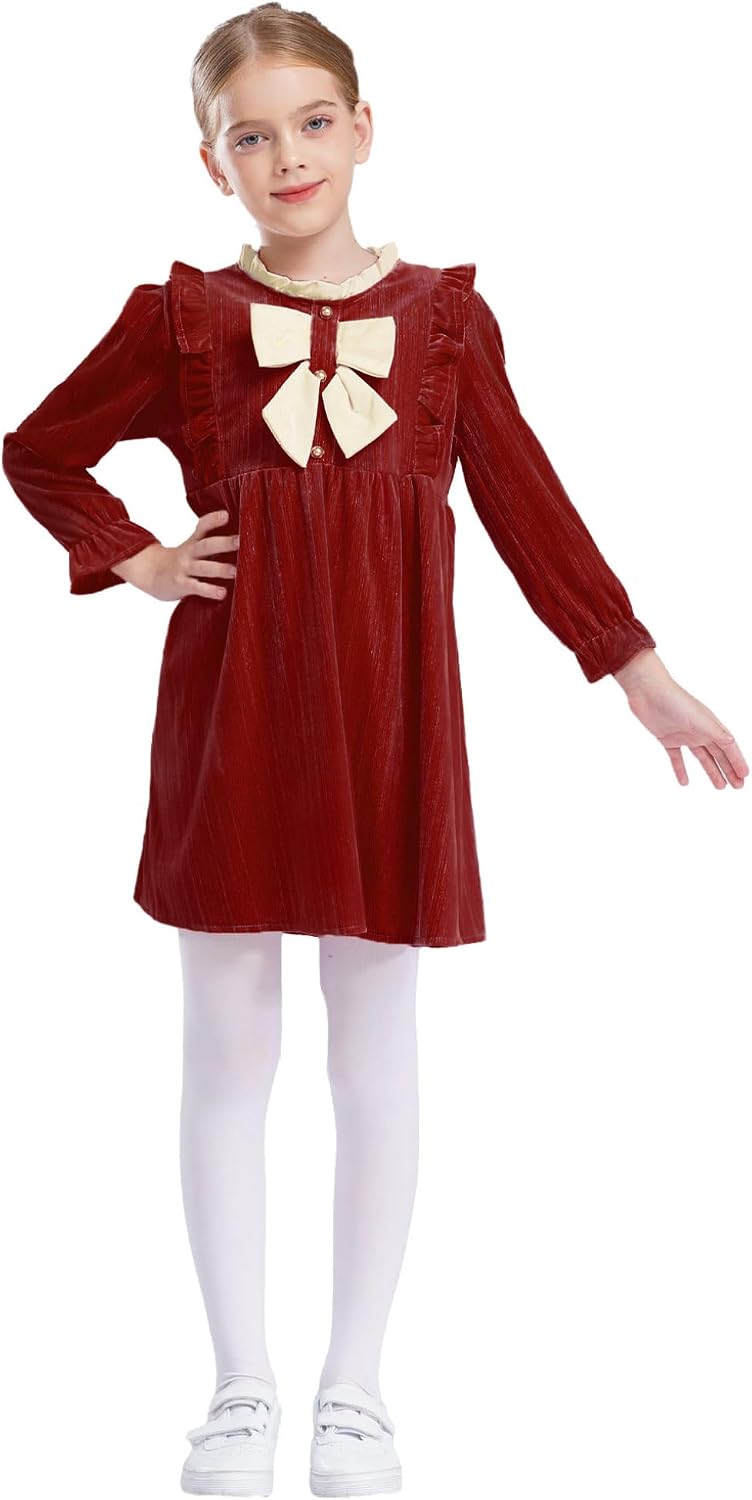 Oyolan Kids Girls Ruffles Velvet Elegant Ballet Dance Gown Dress Long Sleeve Crew Neck Bowknot Playwear Causal Outerwear
