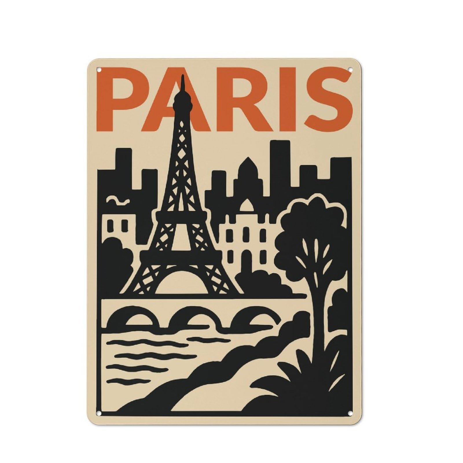 Junmoney Style-16 Paris Eiffel Tower Cityscape Illustration Vintage Metal Sign 40X30cm For Hobby Room Or Studio, Housewarming Present For People Styling Hobby Room And Studio