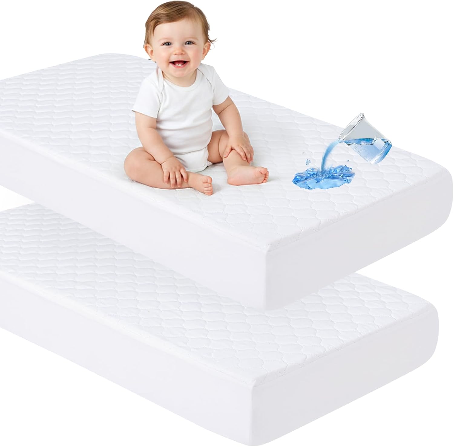 david's kids 2 Pack 52''x28'' Waterproof Crib Mattress Protector Pad Cover Stretch up to 8", Fitted Standard Crib and Toddler Mattresses, Ultra Soft and Breathable for Boys Girls Neutral, White