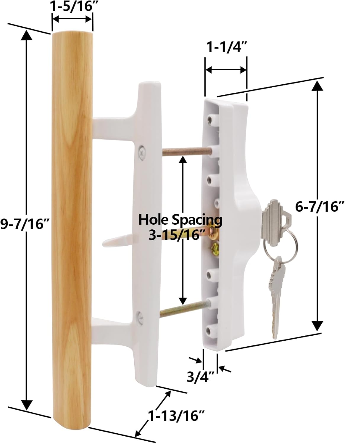 Sliding Glass Patio Door Handle Set with Key Cylinder and Mortise Lock 45° Keyway, Oak Wood Inside Handles and Zinc Diecast Outside Pull, 3-15/16" Hole Spacing, Non-Handed, White