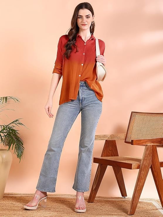Image of Maaesa Women Handmade Ombre Tie & Dye Rayon Shirt | Relaxed Fit | Lightweight & Breathable | Long Sleeve Button-Down | Classic Collar | Casual & Office Wear