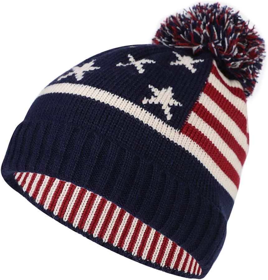 PENINSULA LOVE Adult American Flag Cuffed Beanie Hat Cable Knitted Warm Winter Beanie Thermal Slouchy Hat with Pompom - Image 5