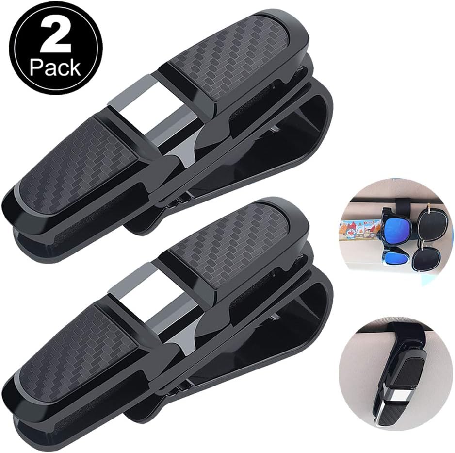 KIPIDA Glasses Holder for Car Sun Visor, 2 Pack Double-Ended 180 Degree Rotatable and Built-in Sponge Sunglasses Eyeglasses Clip Hanger with Card Ticket (Black)