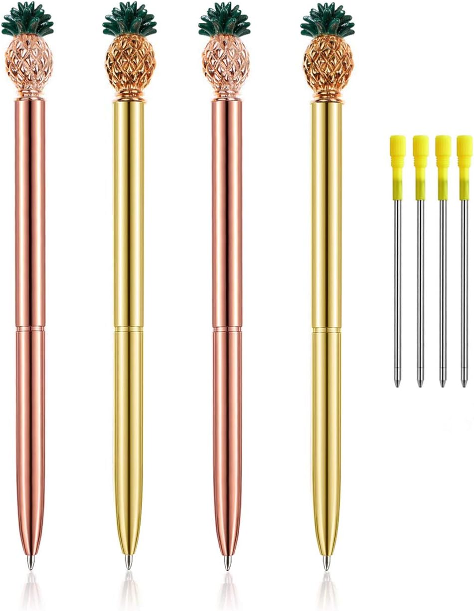 PASISIBICK Pineapple Pens,Bling Metal Ballpoint Pens with Green Leaf and Black Ink Refills（4PCS）