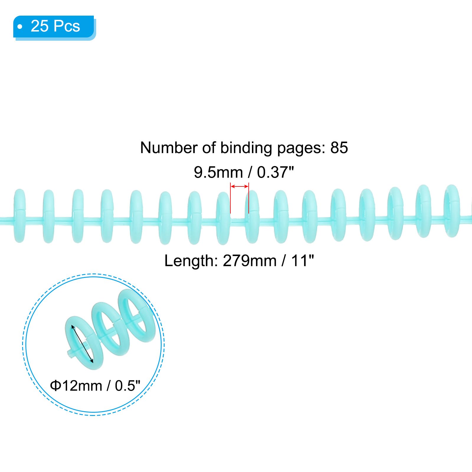 PATIKIL Spirali per Rilegatura Plastica da 12mm (1/2"), 25Pz Spirale per Rilegatura a Spirale Capacità 85 Fogli 3:1 Passo Spirali Legatura per Rilegare Fogli Carta, Coral Blue