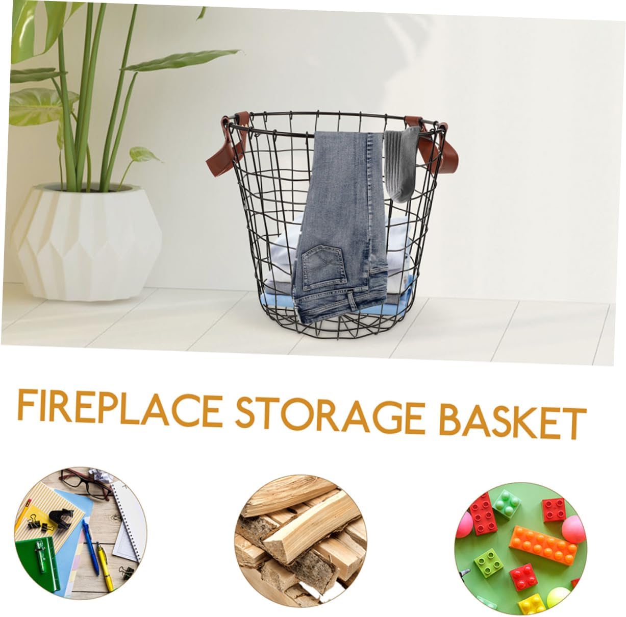 2pcs Metal Woven Outdoor Basket Firewood Storage Holder Handle for Decor