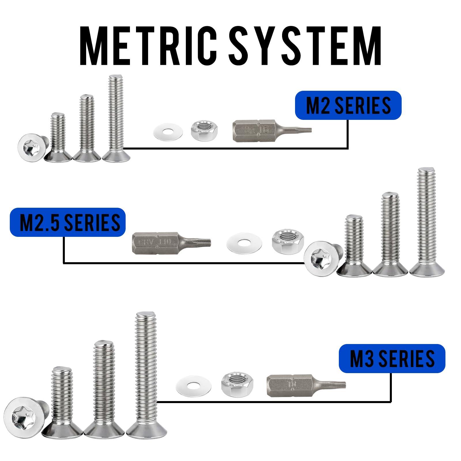 FandWay 900Pcs Bolts and Nuts Set,M2 M2.5 M3 Torx Countersunk Machine Screws,Flat Head Torx Screws,304 Stainless Steel Bolts and Washers Set Fully Threaded With T6 T8 T10 Wrench - Image 4