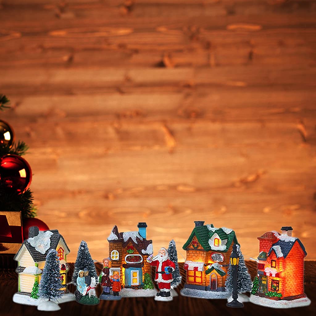 Decoración de Navidad, casa de luz, escena navideña, pueblo, pueblo, con cálida casa de ensueño, regalos para niños