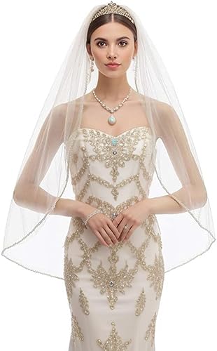 Wedding Bride Veil 1 Tier Fingertip Length Pearls Crystal Beaded Edge Tulle for Bridal Veils with Comb