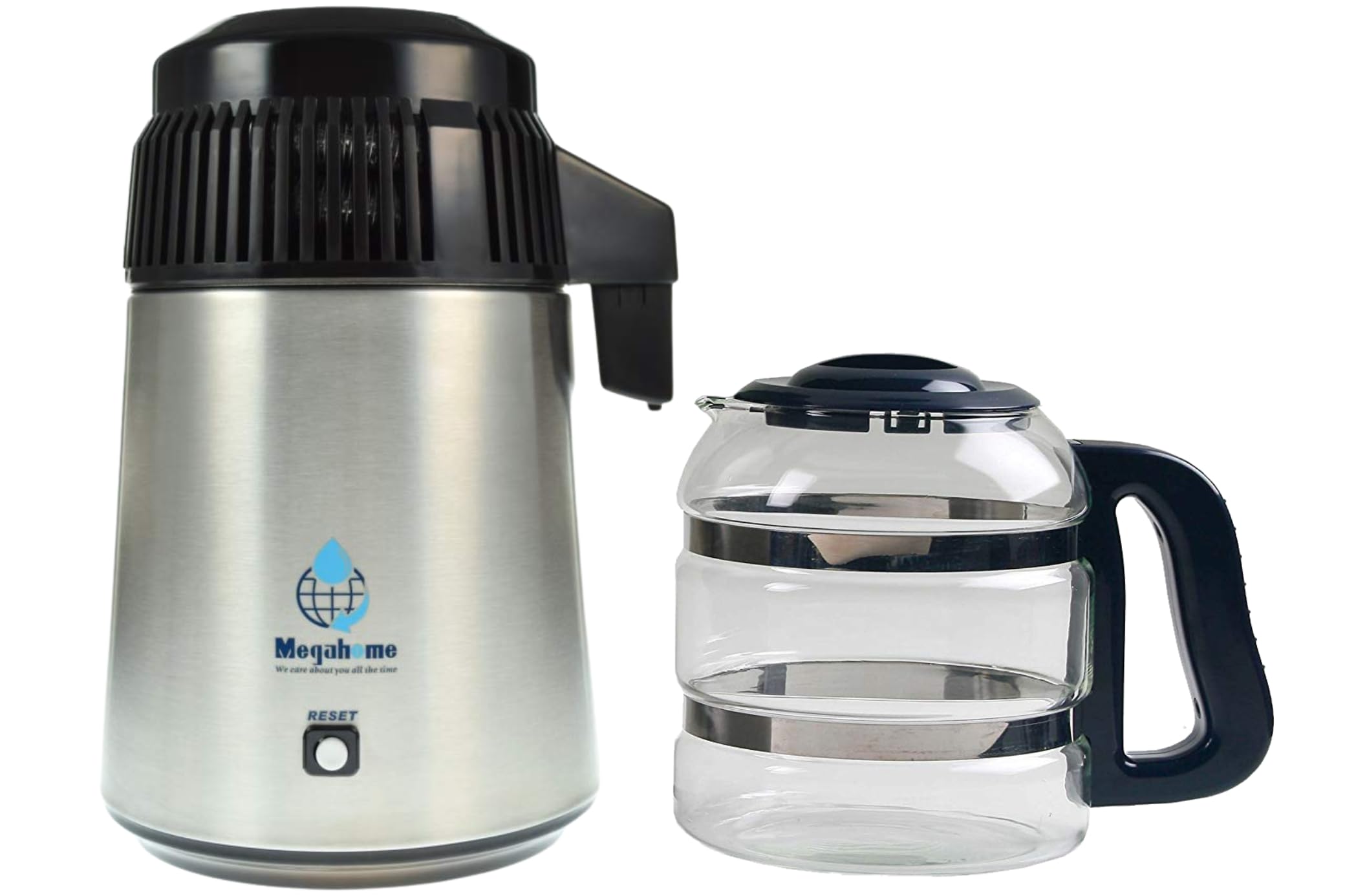 Megahome Distillateur d'eau en acier inoxydable Distillateur d'eau propre avec verseuse en verre aucun contact avec le plastique