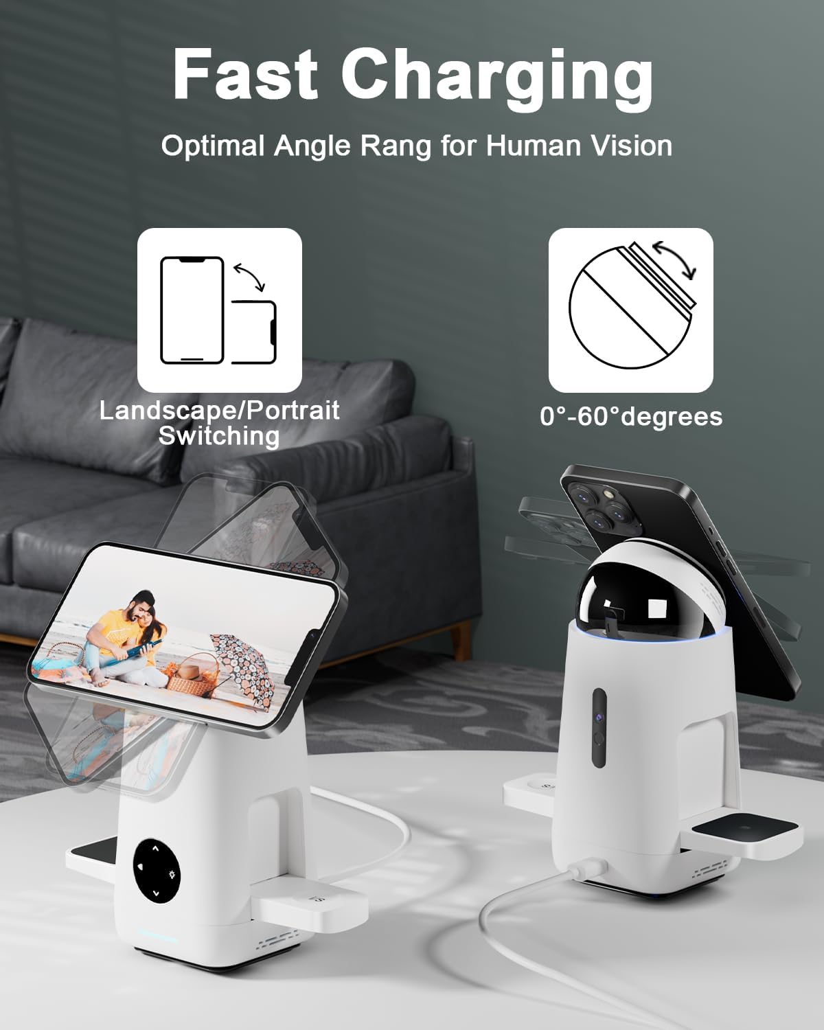 3-in-1 Charging Station for Apple & Samsung - Qi2 Certified 15W Rotating Wireless Mag-Safe Charger Stand for Apple - iPhone 17 16 15 14 13 12, AirPods, Apple & Galaxy Watch, Samsung S25 S24 Bud(White) - Image 5