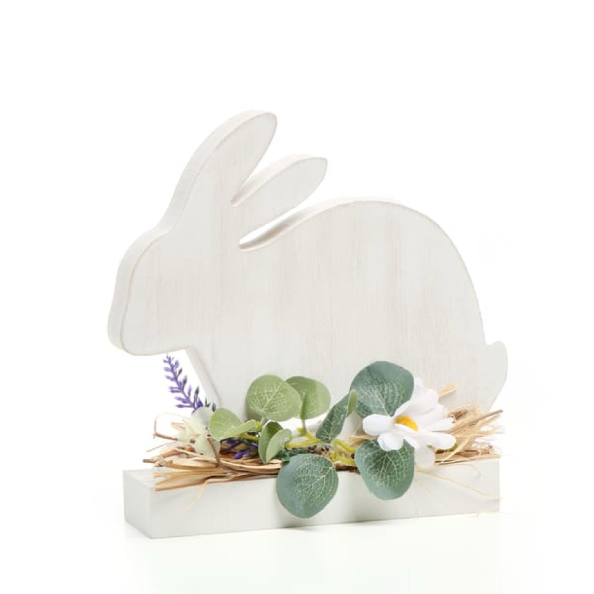 eBoutik - Wooden Spring Bunny Stand Home Decoration - Elegant Floral White Rabbit Ornament for House & Garden - For Bookcase, Table, Office, Bookshelf etc