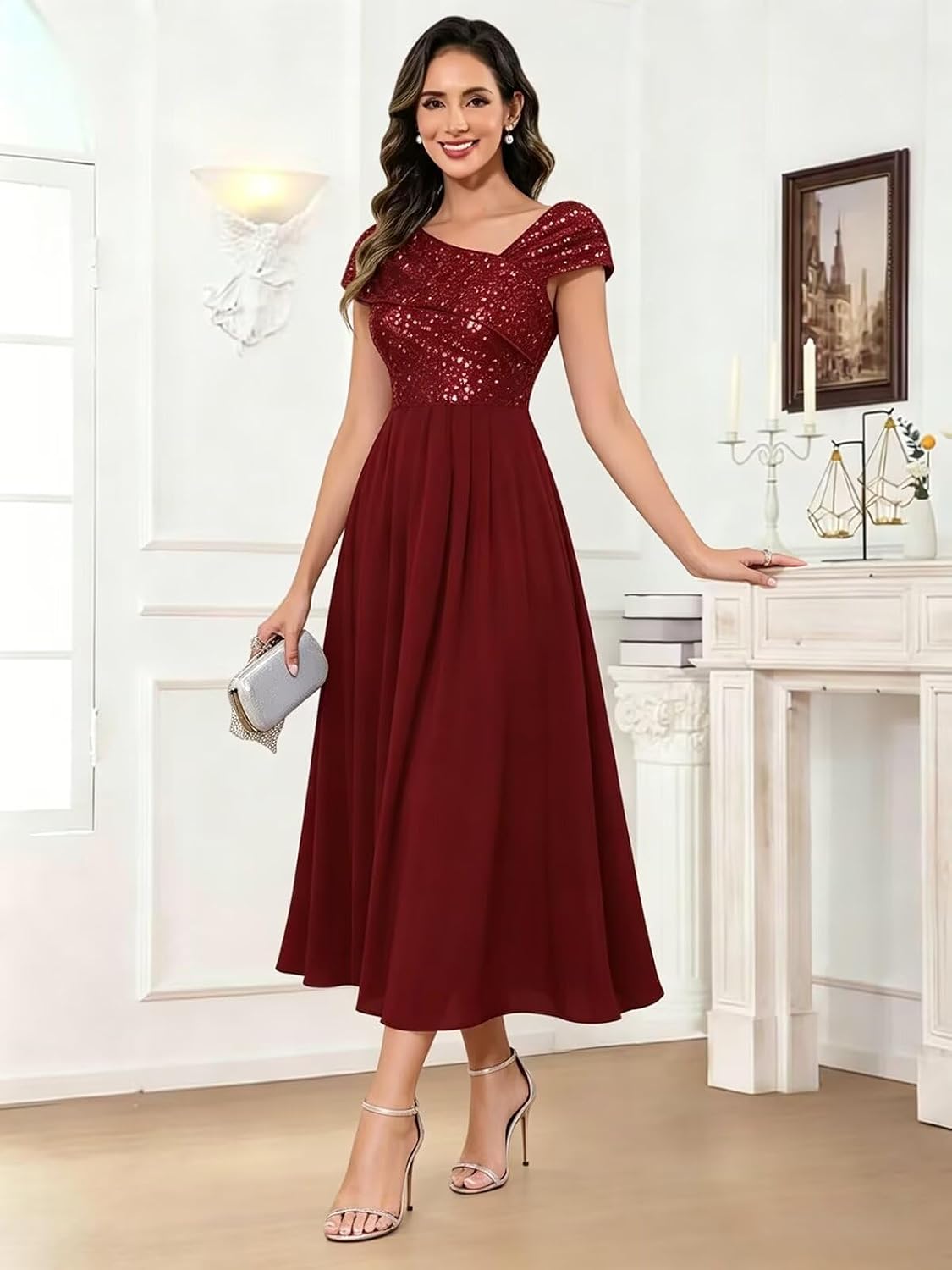 Short Sleeve Mother of the Bride Dresses for Women Tea Length Sequin Chiffon Asymmetrical Formal Evening Dress