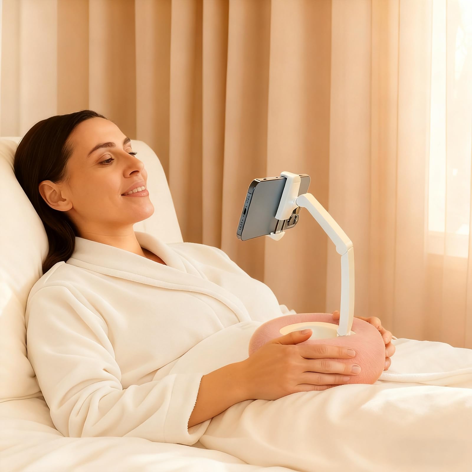 Soporte de teléfono ergonómico giratorio con base de cojín suave, brazo ajustable a 80° y antideslizante para dispositivos de 2 a 12 pulgadas, cama ajustable para teléfono