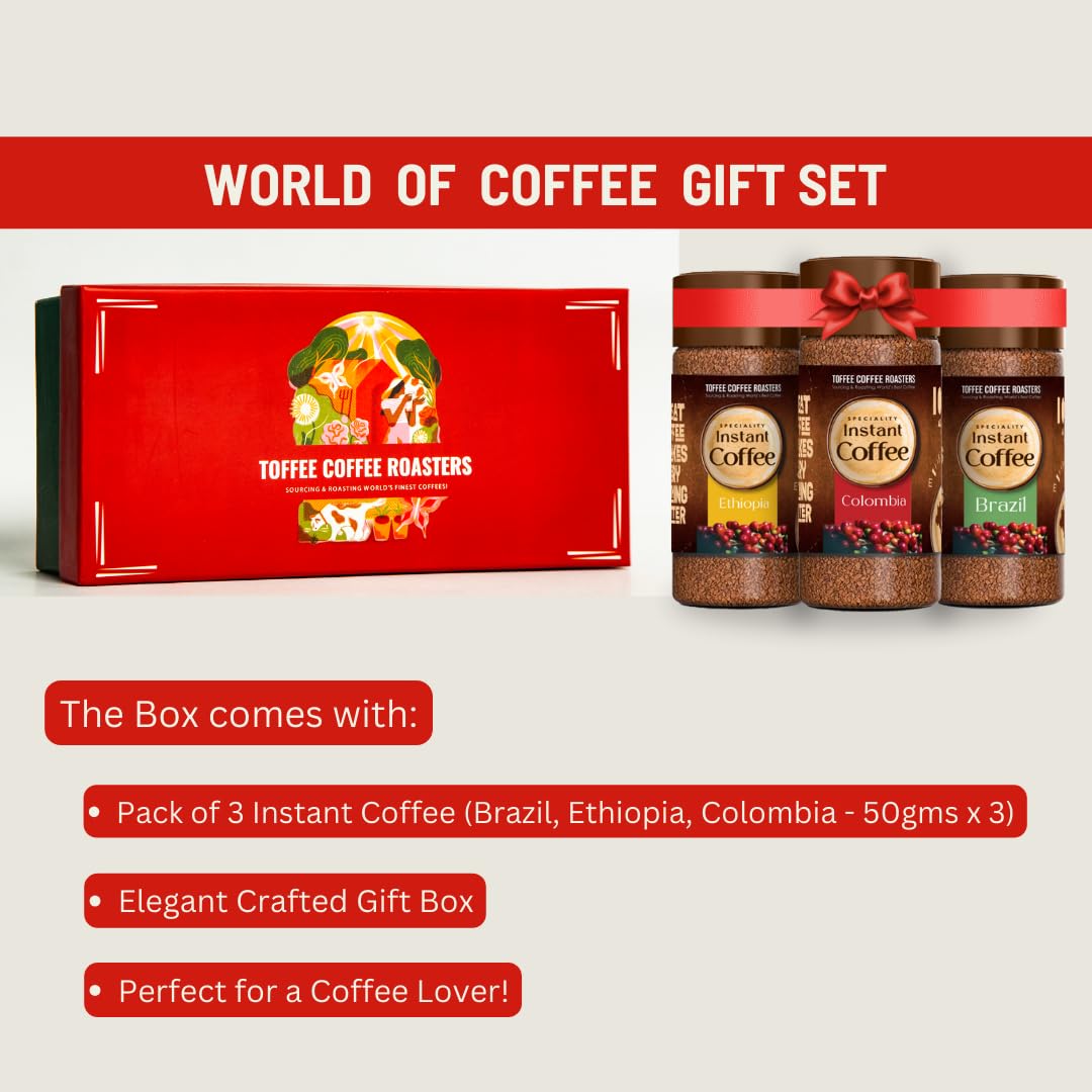 Toffee Coffee Roasters | World of Instant Coffee Gift Set | Assorted Speciality Instant Coffee (Brazil | Colombia | Ethiopia) 50 gm each | Rakhi Gift Set for Brother, Corporate Bulk Gifting.