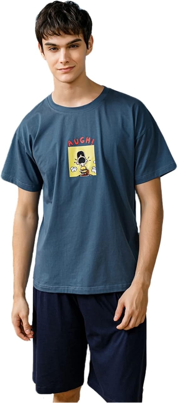 Amazon パジャマ メンズ 春 夏 スヌーピー 半袖 半ズボン 上下セット かっこいい ルームウェア 部屋着 大きいサイズ 柔らかい 男性 家居服 室内 室外 おしゃれ 綿 ねまき カジュアル Tシャツ 丸襟 パジャマ 通販