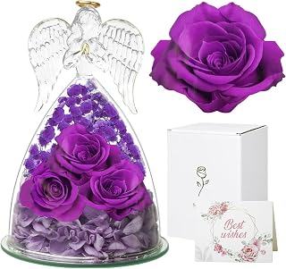 Cynrikah Regalos de ángel de rosa eterna para mujeres, figuras de ángel, regalos para mamá, rosa, figura de ángel, rosa eterna en cristal, color lila, regalos de cumpleaños para mujeres, madre