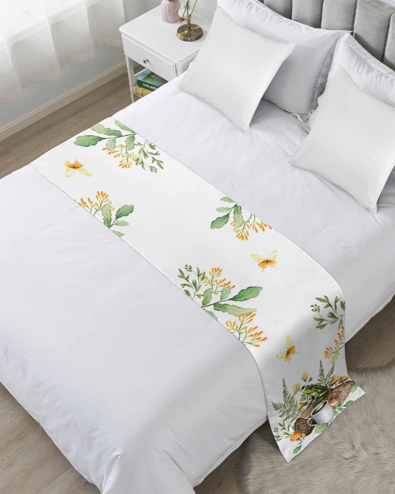 Botanical Frog Bed Runner Scarf for Twin Size Bed Foot, Decorative Bedding Accessory Stainproof & Dustproof Soft Protector for Bedroom Hotel Wedding Room Butterfly Mushroom Coffee Leaf Green 71