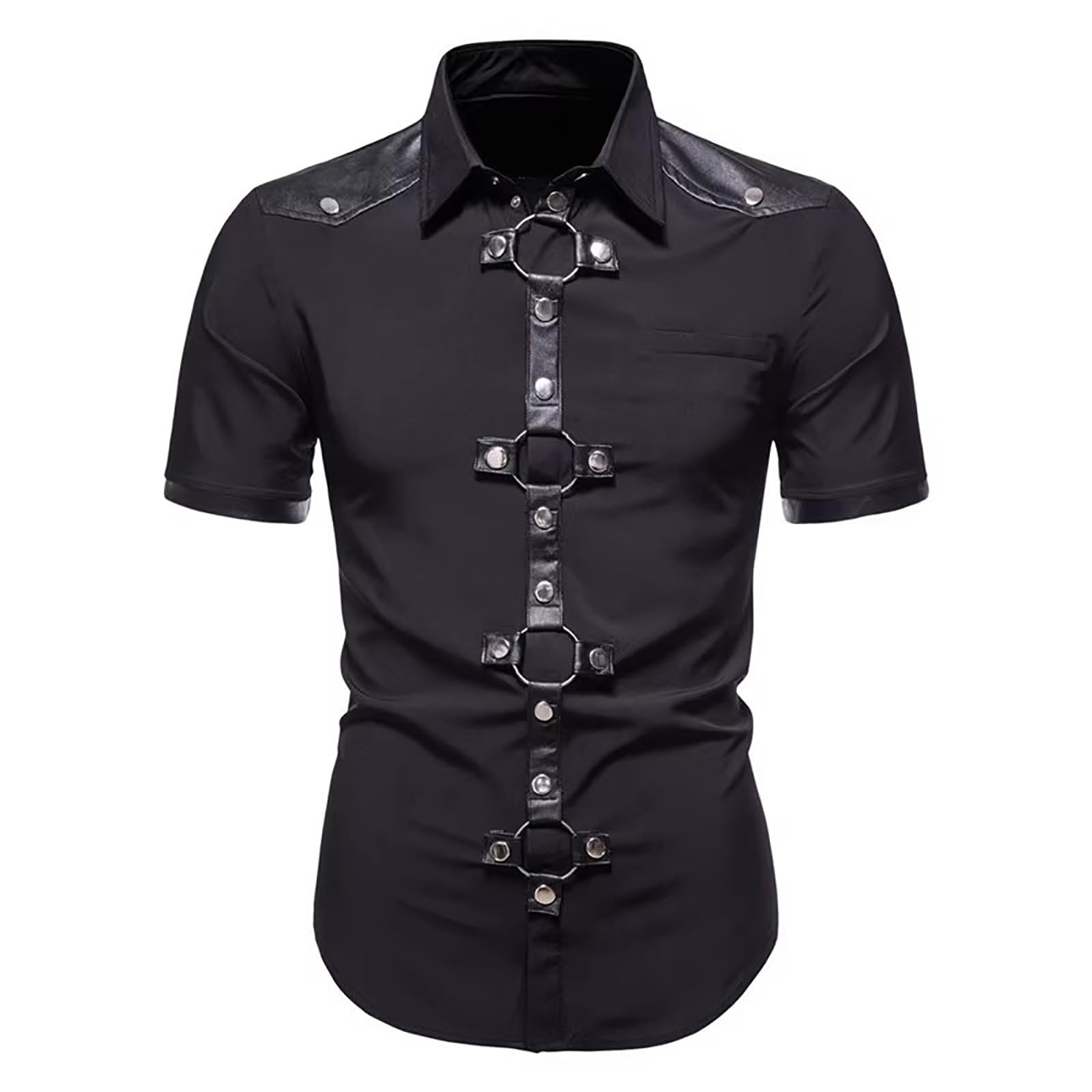 Herren Gothic Motorrad Hemd Steampunk Niet Dekoration Lässig Top Klassisch Kurzarm Slim Fit Hemd Herren Halloween Vampir Cosplay Kostüme Schulter Leder Dekoration