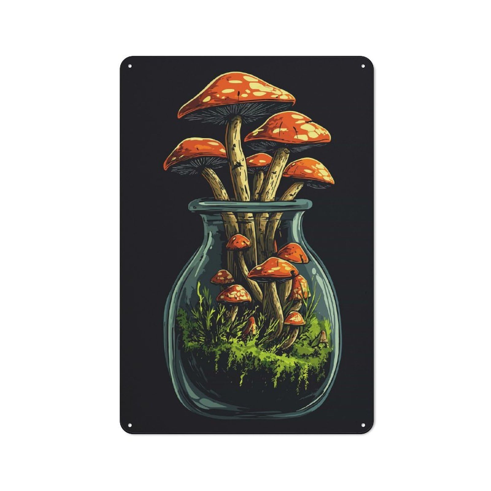 Junmoney Goblincore - Mushrooms In A Jar Retro Metal Plaque 30X20cm For Dining Room Or Kitchen, For Kitchen, Dining Room And Home Bar Wall Decor