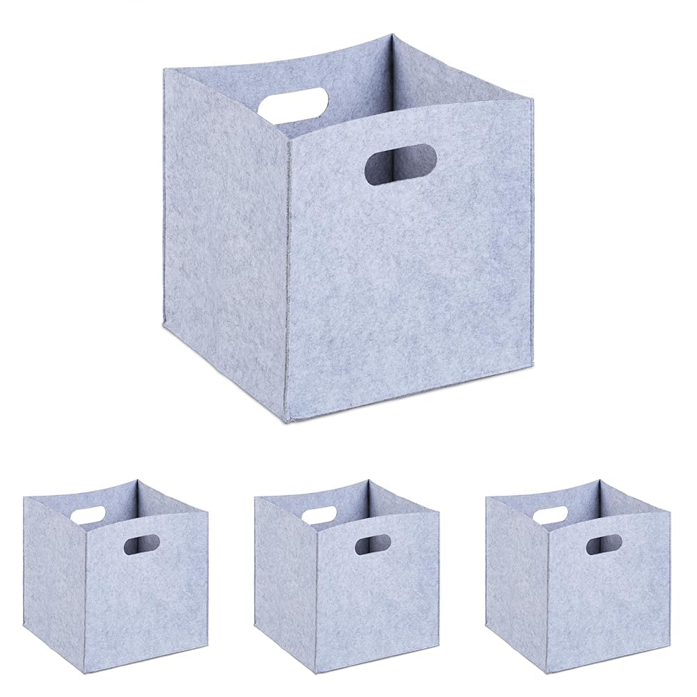 Relaxdays Quadratischer Filzkorb, H x B x T: 30 x 30 x 30 cm, faltbar, mit 2 Trageöffnungen, schicker Regalkorb, grau (Packung mit 4)