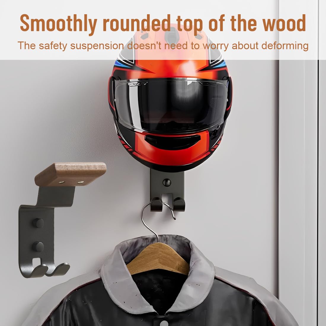Porta Casco Moto da Parete di faggio, Appendi Casco Multifunzione, Portacasco da Parete, Supporto Caschi Moto, con Ganci per Appendere Guanti per Abbigliamento Moto, Cappelli