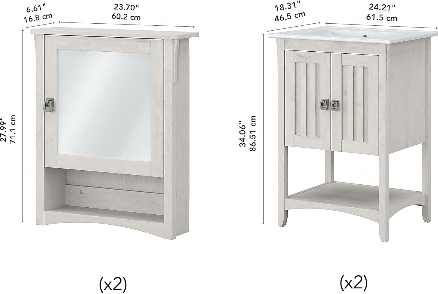 Bush Home Salinas 48W Double Vanity Set with Sinks and Medicine Cabinets in Linen White Oak