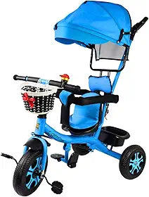 Bicicleta Triciclo Infantil com Guidão Capota Solar e Empurrador VitaToys Azul