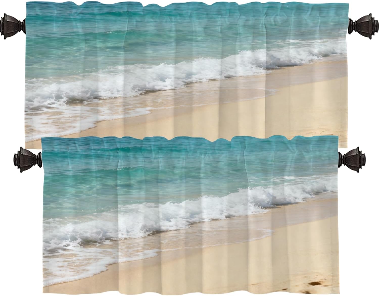 Shrahala Blue Ocean Beach Sea Kitchen Valances, Australian Shore Wave Tropical Sand Sky Half Window Curtain Window Treatment Multilayer Polyester Blackout for Living Room Bathroom 2 Pack 52 x 18 in