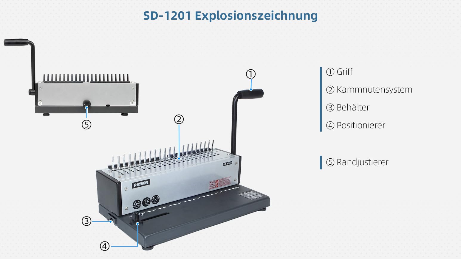 RAYSON Plastik-Bindekamm Bindegerät, 21 Löcher, Bindet 200 Blatt, SD-1201 | Robuste Metallkonstruktion, Kostenloses Bindematerial im Lieferumfang enthalten