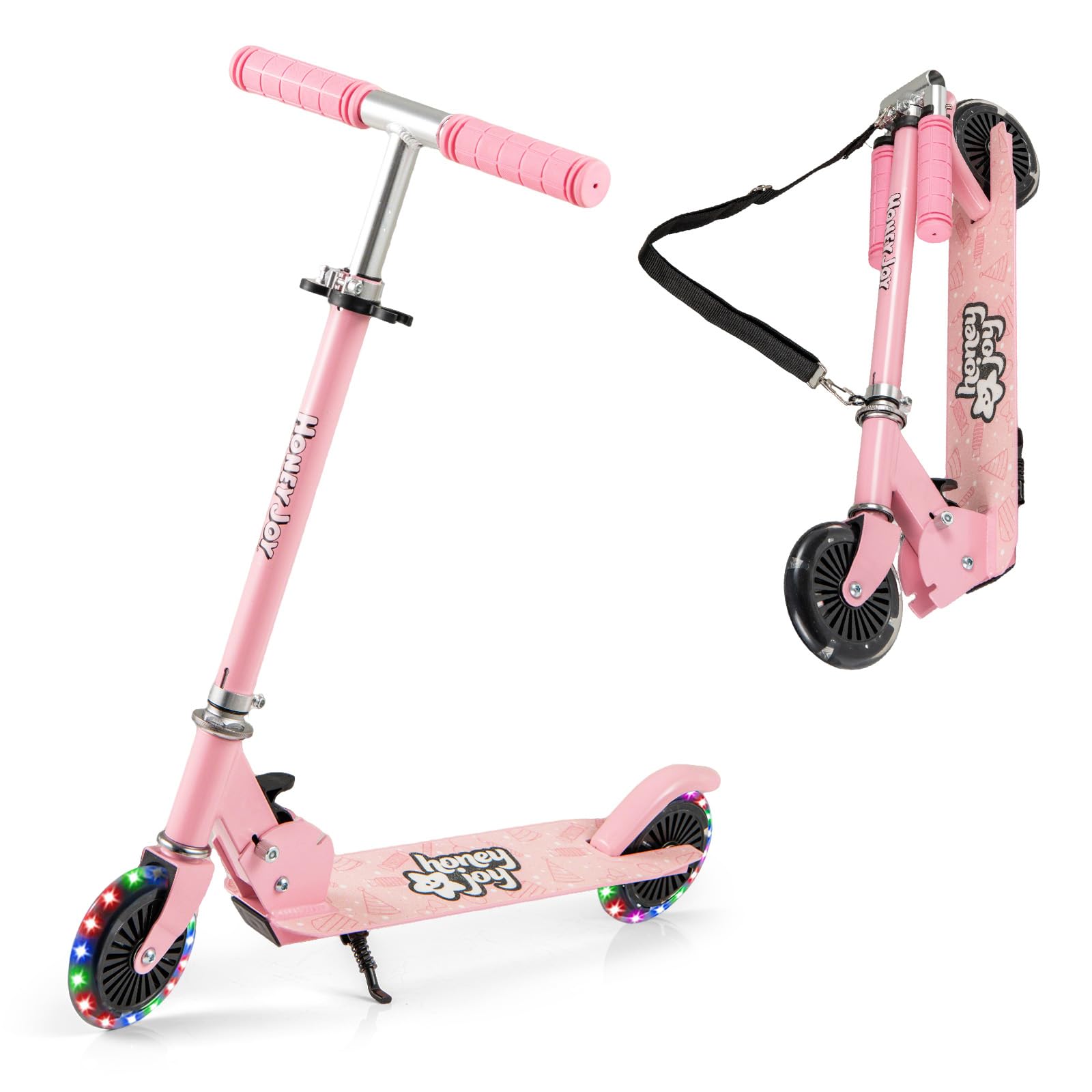 COSTWAY Monopattino per Bambini Pieghevole e Portatile, Monopattino a 2 Ruote con Manubrio Regolabile, Ruote Luminose a LED, Freno Posteriore e Tracolla, Ideale per Bambini e Bambine 3+