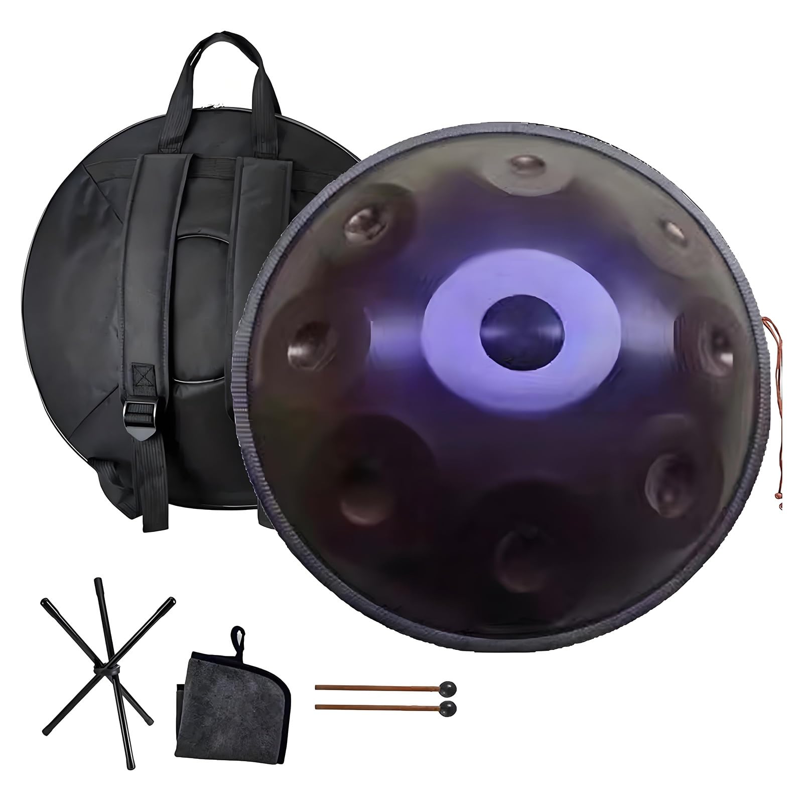 Tambour handpan 440Hz, 9/10/12 Notes Instrument De Percussion De 55cm, Tambour à main avec Trépied 2 maillets, Handpan en Acier pour La Méditation, Le Yoga(Dark purple,10 Notes)