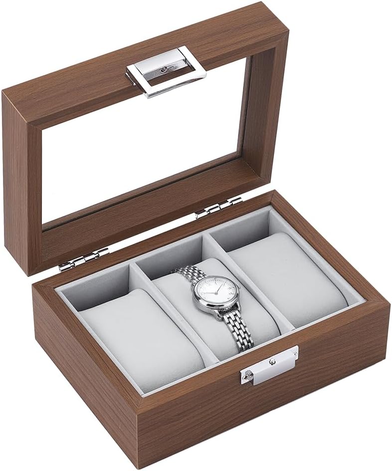 UNICRAFTALE Walnut Watch Boxes with Visible Glass Window Lid Wooden Watch Storage Case Wristwatch Display Box Holder with Zinc Alloy Lock Embossed Liner Jewelry Keepsake Box for Men Women 4.7"x4.7"x3"
