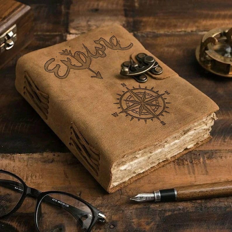 Image of DI-KRAFT Handcrafted A5 120 GSM Vintage Paper Printed Diary Leather Writing Diary With Buckle Lock Notebook Unruled Personal Diaries Leather Journal for Office - 5x7 Inch 200 Pages (Brown Quote2)