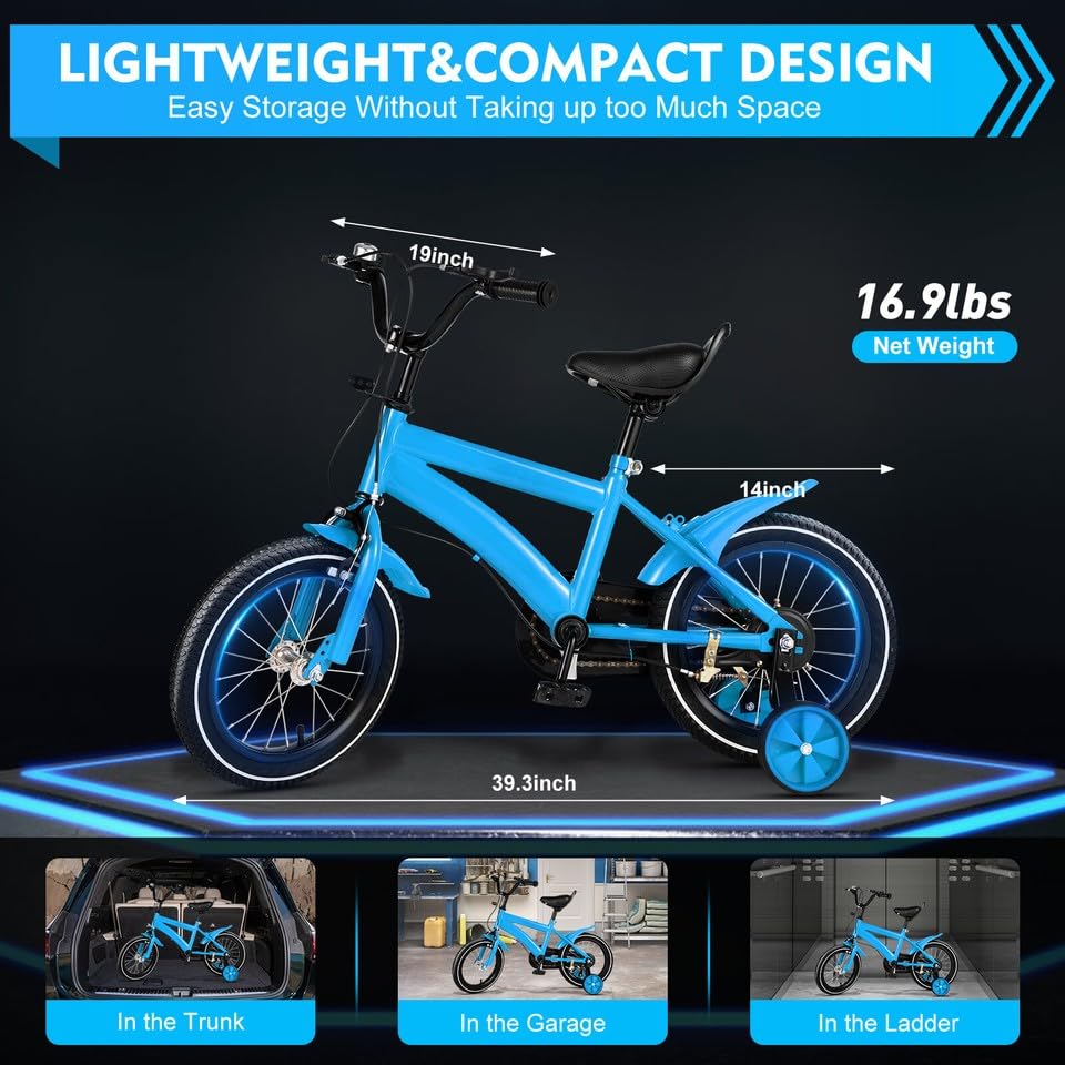 MccoMMon Vélo pour enfant de 14 pouces à partir de 4 ans, vélo pour garçon et fille, avec roues d'entraînement, freins à rétropédalage, roues supplémentaires réglables en hauteur, double système de
