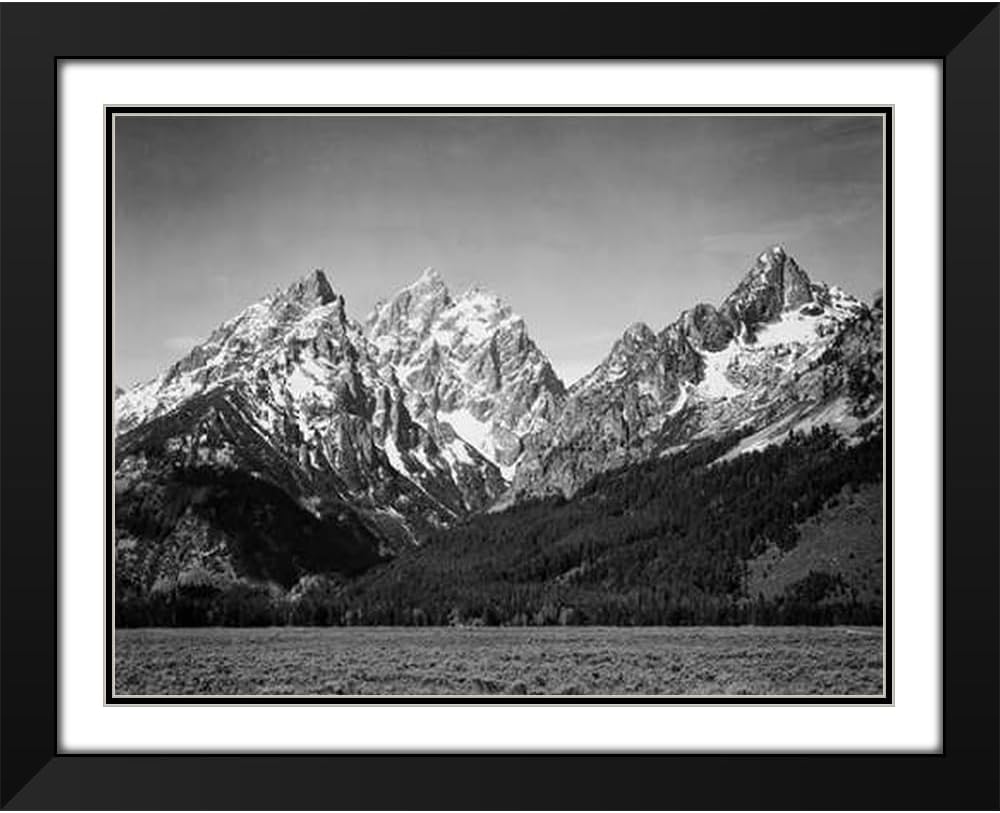 Adams, Ansel 24x20 Black Modern Framed and Double Matted Museum Art Print Titled Grassy valley and snow covered peaks, Grand Teton National Park, Wyoming, 1941