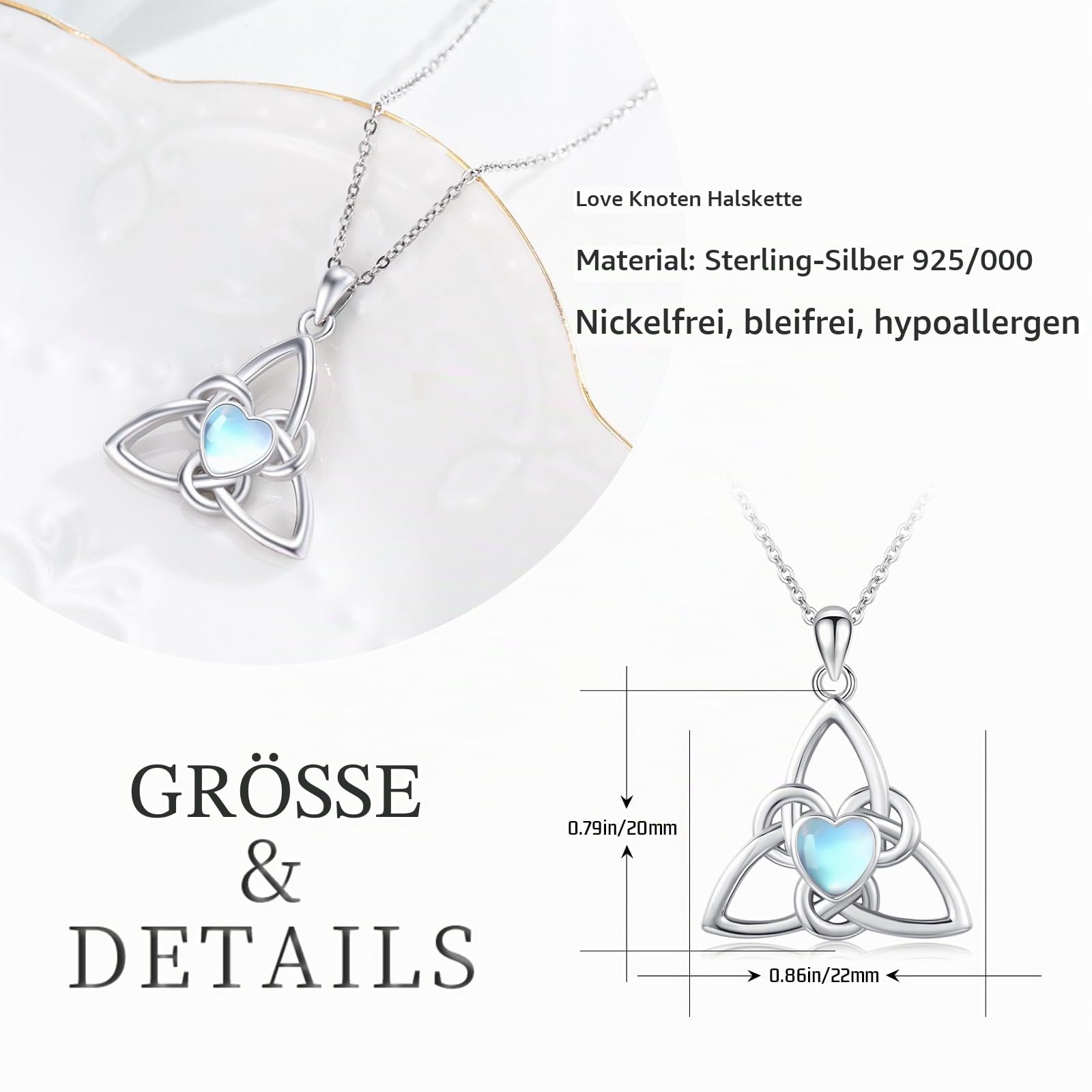 Midir&Etain Liebesknoten Kette 925 Sterling Sliver Irischer Keltischer Knoten Halskette mit Mondstein Anhänger Keltischer Schmuck Geschenke für Frauen Freundin Ehefrau